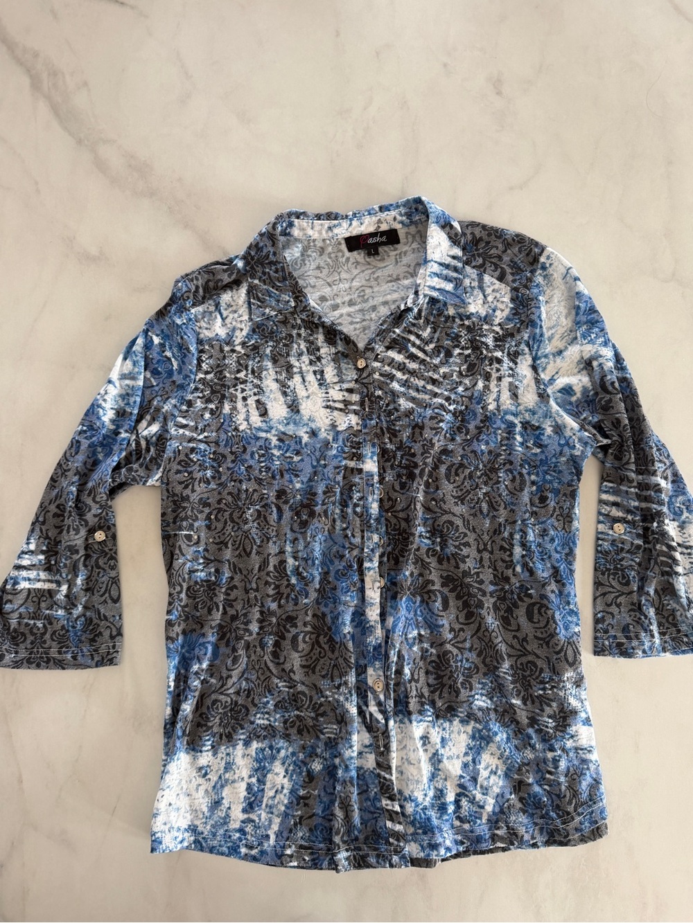 Pasha & Jo Blue, White and Gray Button-Down Shirt